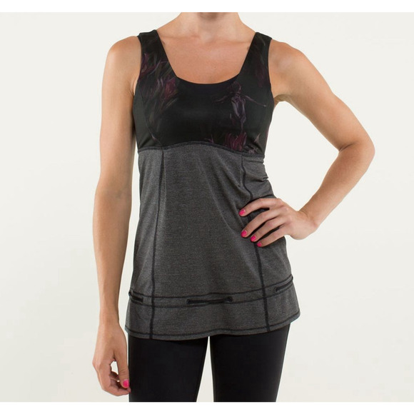 Lululemon Hustle Bustle Tank Womens 8 Heather Black Floral Shelf Bra Drawstring - Picture 1 of 16